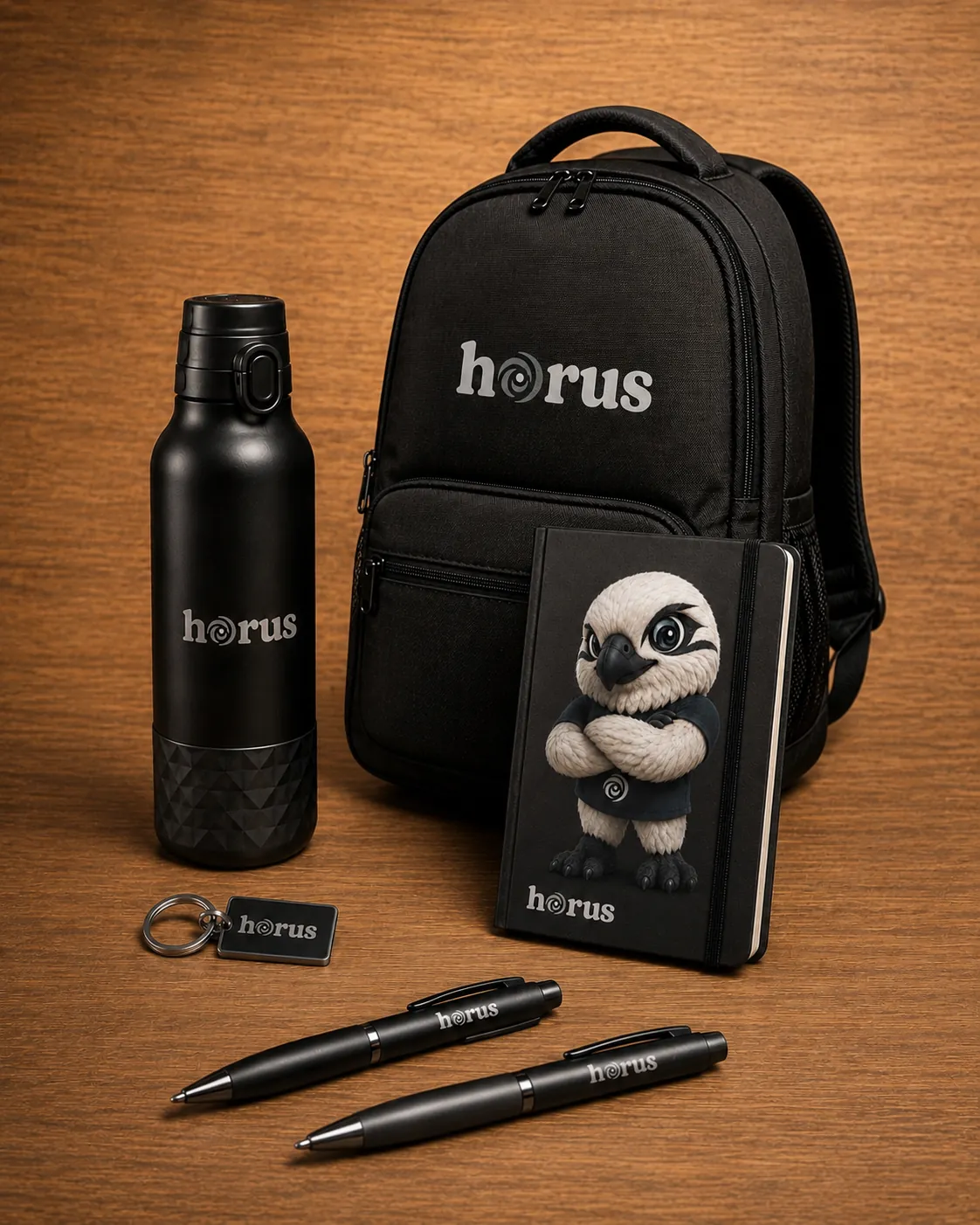 Garrafa, mochila, caderno, chaveiro e canetas pretos com o logotipo da Hórus