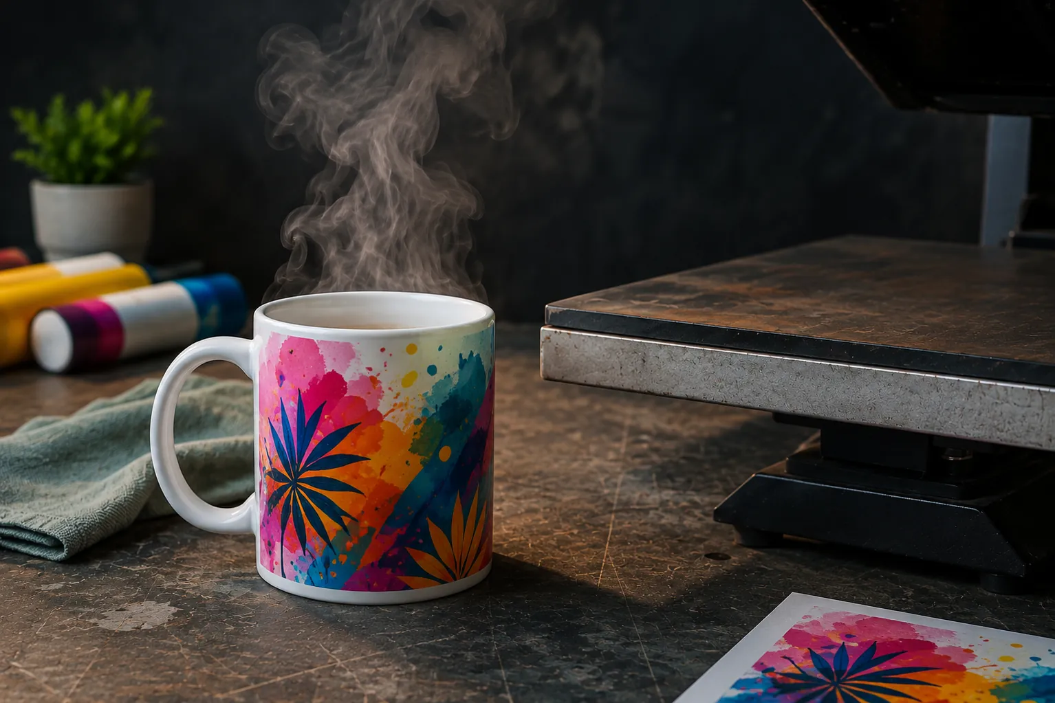 Caneca branca com estampa colorida de ponta a ponta, ao lado de uma prensa térmica