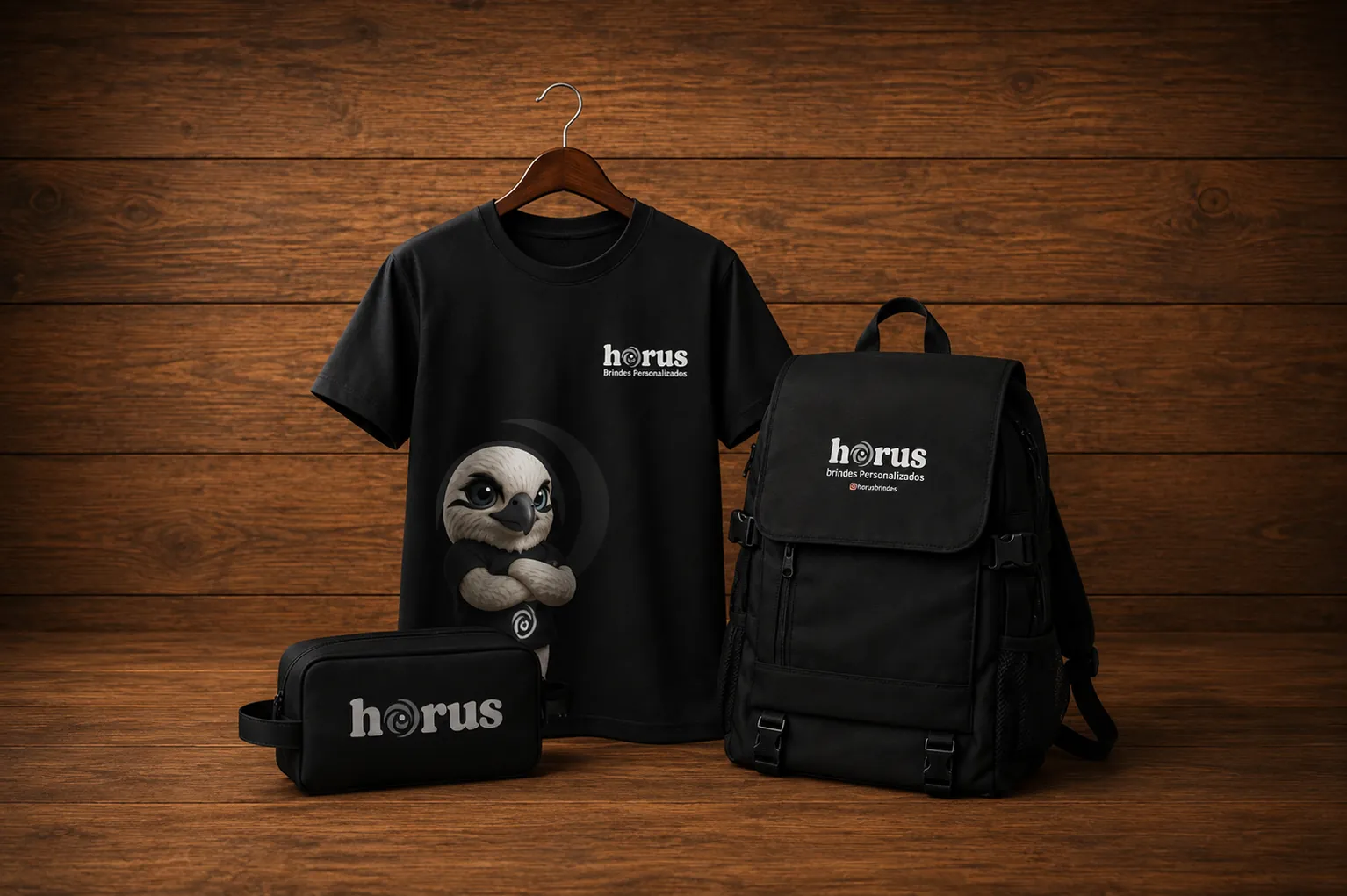 Camiseta, mochila e necessaire pretas com o logotipo e o mascote da Hórus aplicados